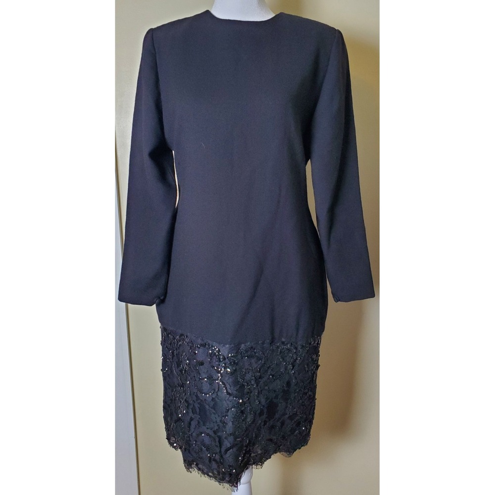 Vintage Ann Lawrence‎ Little Black Cocktail Party Dress Sequin Lace Quiet Luxury